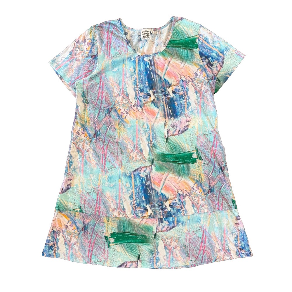 Parsley & Sage Abstract Dress M Watercolor Cotton Pockets Artsy Boho Lagenlook